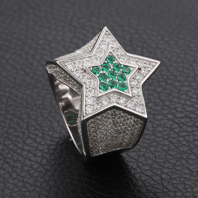 China Hiphop Iced Out Vermeil Moissanite Ring Bling Bling 925 Silver Green VVS Diamonds Five Star Rings Hip Hop Jewelry For Women Men Hitter for sale