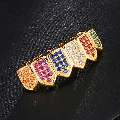 China Hiphop Hip Hop Men's Diamond Grillz Exaggerated Rapper Golden Tooth Grillz Colorful Zirconia Iced Out Grillz for sale