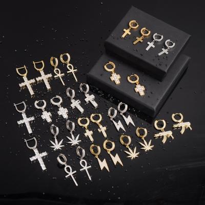 China Hiphop Hip Hop Earring Jewelry Zircon Bling Cross Gun Earring Leaf Lightning Circle Dangle Earrings for sale