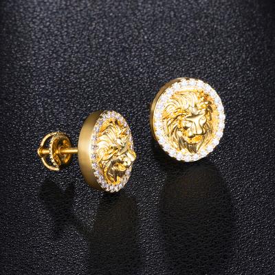 China Hiphop Trend AAA Cubic Zircon Brass Round Iced Out Lion Head Stud Earring Bling For Men Jewelry for sale