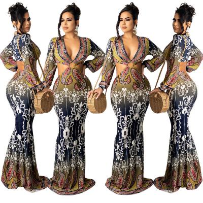 China Viable Women's Sexy Hollow Out Long Sleeve Printed Floor Dress Dress Fishtail Skirt for sale