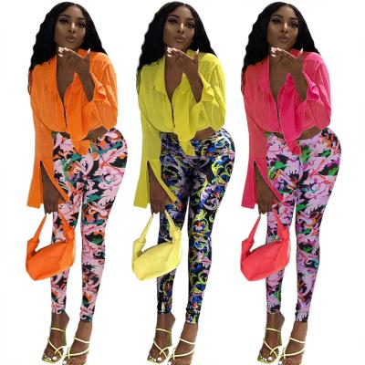 China Breathable Ready to Ship 2022 Summer Women's Clothing Long Sleeve Sheer Color Straps Shirt Printed Pants Suit for sale