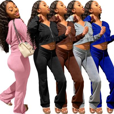 China Autumn Casual Stylish Anti-wrinkle Set Rib Two Piece Tracksuits Women's Cropped Tracksuits Women's Velvet Long Pants Set for sale