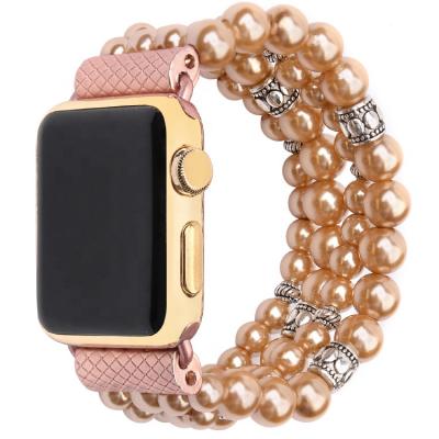 China Pearl+ Crystal New Fashion Luxury Watch Band Pearls Elastic Crystal Pearl iwatch Strap Replacement For Apple Watch for sale