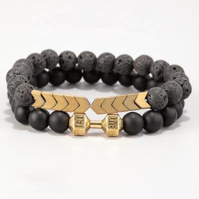 China Trendy Fashion Summer Bracelet Set 2pcs Natural Lava Stone Arrow Dumbbell Charm Beaded Diffuser Bracelet For Men for sale