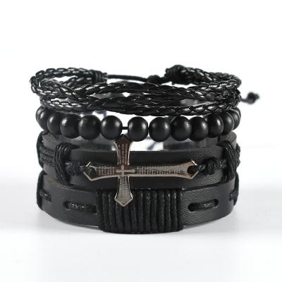 China Fashion Vintage 4pcs/set Black DIY Punk Bracelet Braided Beads Leather Wooden Punk Custom Cross Anchor For Men for sale