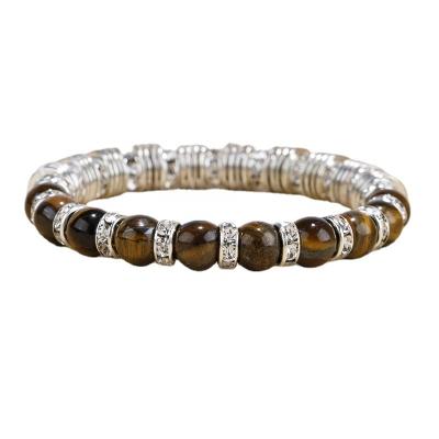 China Hot Selling FASHIONABLE Tiger Eye Round Bead Elastic Bracelet For Men CZ Charms Jewelry Stretch Bracelet Unisex Gift for sale