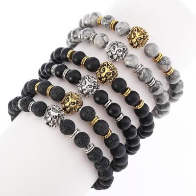 China New Fashion TRENDY Lion Head Bracelet for Men Lava Stone Stretch Bracelets Bead Jewelry Custom Fast Shipping for sale