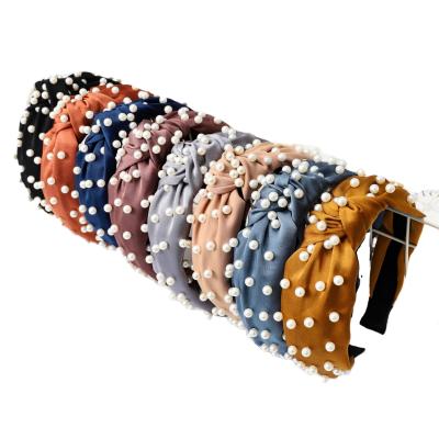 China Wholesale European and American Korea Style Fashion Women's Hair Accessories Headband Custom Women Cloth Tie Knot Pearl Plastic Headband For Girls for sale