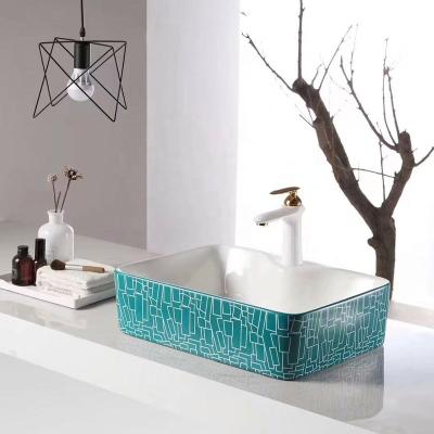 China Best Quality Easy Clean Sanitary Ware Top Rectangular Green Geometric Ceramic Sink Bathroom Wash Basin Top for sale