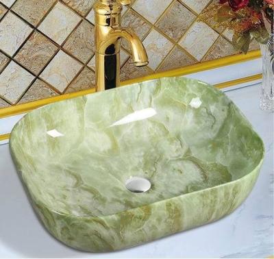 China Easy Clean Hot Selling Lavandino Fashion Vanity Sink Pattern Green Marble Solid Surface Countertop Ceramic Basin for Bathroom for sale