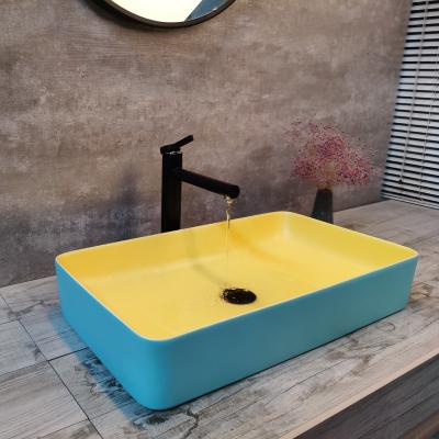 China Modern Design Multiple Colors Factory Price Rectangular Bathroom Sink Above Counter Ceramic Basin for sale