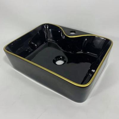 China Modern Rectangular Hand Wash Basin Above New Stylish Black Ceramic Vanity Counter Basin Bathroom Sink With Gold Line for sale