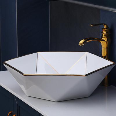 China 2022 Clean Easy New Design Diamond Shaped Round Vanity Basin Art Sink Ceramic Bathroom Sink Bowl White With Gold Line For Hotel for sale