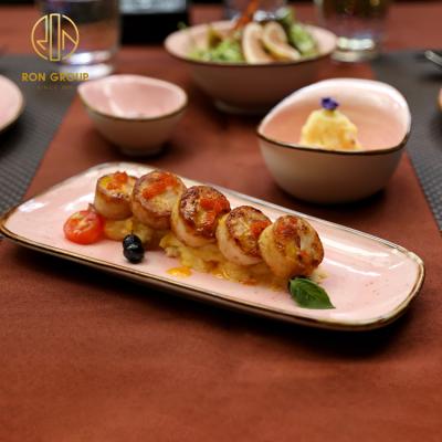 China Viable Tableware Fancy Restaurant Used Cutout Shape Porcelain Dinner Plate Ceramic Rose Color Gold Edge For Sushi Dessert for sale