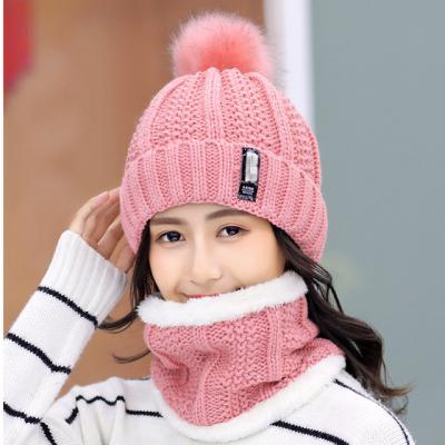 China COMMON Outdoor Women's Winter Hat Knitted Warm Wool Hats Scarf Pom Hat Scarf Set Thick Windproof For Women V008-1 for sale