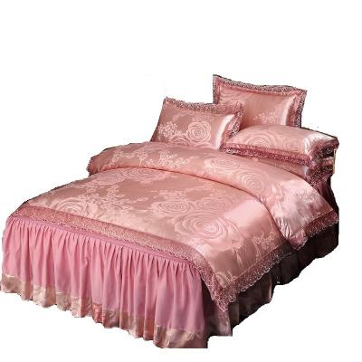 China Nondisposable Luxury European Jacquard Bedspreads High Grade Satin Style Lace Bedskirt King Queen Size Bedding Set Home Textiles V048 for sale