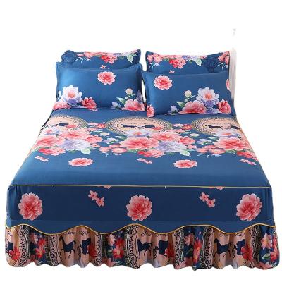 China Viable Bed Skirts Set Bilateral Floral Printed Double Layer Bedspread Sheet Bed Skirt + 2 Pcs Pillowcase Sheets V045-1 for sale