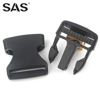 China Best Eco-Friendly Factory Direct Supply SAS Logo Black Plastic Quick Release Custom Buckle For Bags for sale