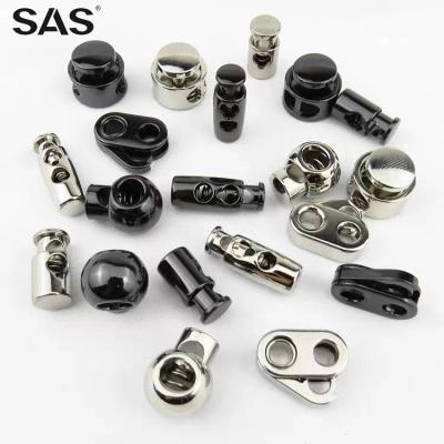 China Custom Wholesale SAS Logo Single Hole Double Hole Rope Lock Metal Stopper Garment Accessory Nickel Free for sale