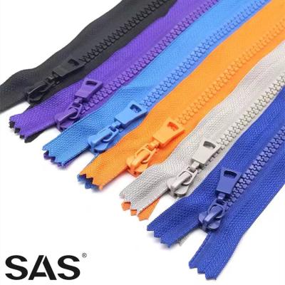 China SAS Automatic Lock Customized Size 3# 5# 8# Fashionable Clothing 3# 5# 8# Long Chain Zippers Logo Color Plastic Resin Zipper for sale