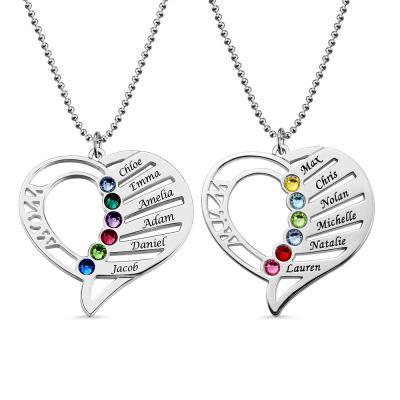 China S925 Sterling Silver Love Personalized Custom Name Letter Mother'S Birthstones Day Engraved Heart Love Memory Necklace Te koop