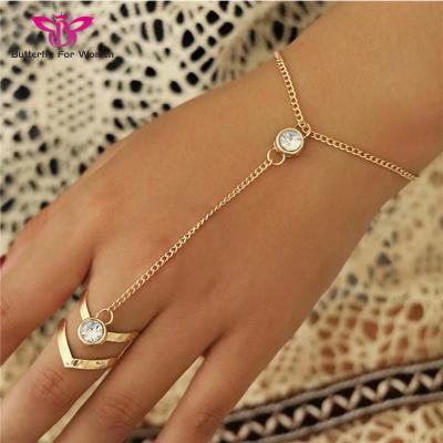 China Wholesale Sexy Hiphop Hand Jewelry With Finger Ring Attached Conjoined Chain Bracelet for sale