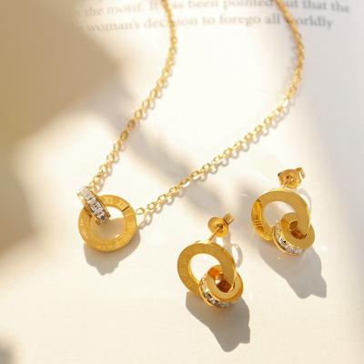 China Fashion Double Circles Stud Roman Numerals Roman Numerals Factory Necklace Chain Pendant Jewelry Set 18K Gold Plated Stainless Steel TRENDY Earrings for sale