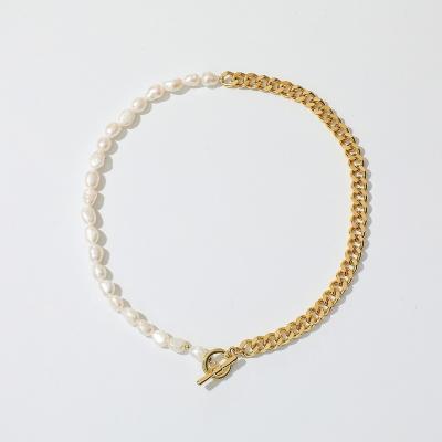 China TRENDY Pearl Necklace OT Buckle Stainless Steel Half Chain Necklace Cuban Freshwater Pearl Connected Necklace for sale