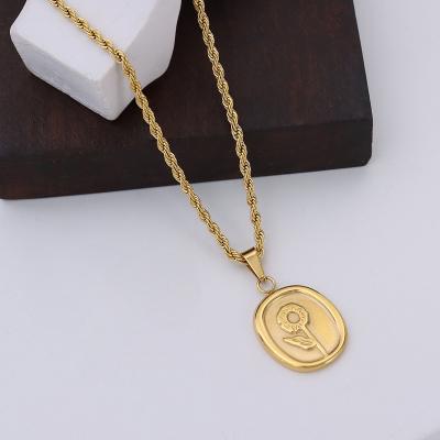 China Trendy Vintage Rose Square Necklaces 18K Twist Rope Pendant Gold Plated Stainless Steel Necklace for sale