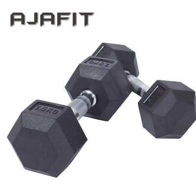 China Hex Dumbbell Contoured Chrome Handles Hexagon Full Set Rubber Dumbbells Weights Hex Dumbbells for sale