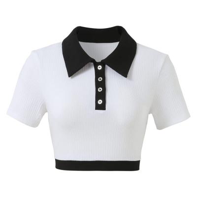 China Anti-Wrinkle Factory Customize Slim Fit Short Top Summer Womens Colorblock Contrast Collar Polo Crop Top Button Lapel Neck Sleeve Crop Blous for sale