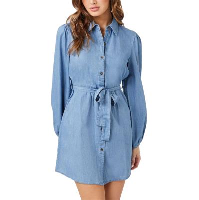 China Anti-Wrinkle Factory OEM Plus Size Casual Dresses Mini Long Sleeve Lapel Waistband Cotton Denim Batiste Skirt Custom Shirt Dress for sale