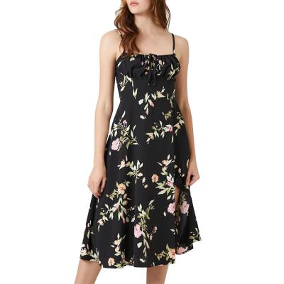 China Summer Custom Women's Breathable Casual Dresses Factory Mid Length Split Shoulder Pleated Chiffon Lace Up Floral Print Dress for sale