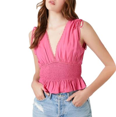 China Anti-wrinkle factory custom plus size summer V-neck casual top fashion sleeveless pleated ruffle lace sexy top for sale