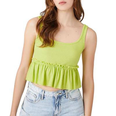 China Factory OEM Breathable Custom Plus Size Crop Tops For Women Short Thread Knitted Pleated Ruffled Edge Womens Tank Tops for sale