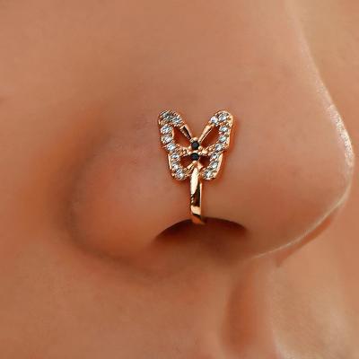 China Romantic Zircon Butterfly Nose Sting Jewelry Copper Inlaid No-Hole Stud For Women Fashion Nose Ring Nose Clip U Shaped Jewelry for sale