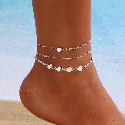 China New Arrival High Quality Double Layer Heart Shaped Anklet For Women Girls Summer Beach Love Multilayer Anklets Wholesale for sale