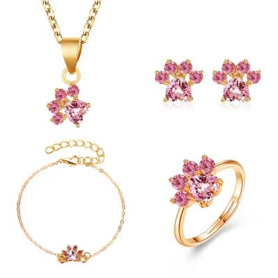 China Fashion TRENDY Korean Jewelry Set 4Pcs/set Cartoon Cat Claw Necklace Earrings Bracelet Cute Cat Footprints Zircon Jewelry Set For for sale