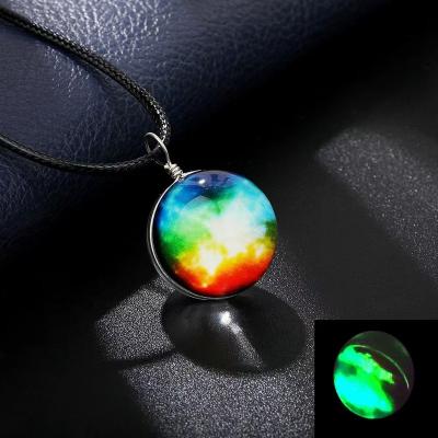 China Fashionable hot dreamy starry sky universe personality sale double-sided glass ball necklace for men and women luminous leather rope for sale