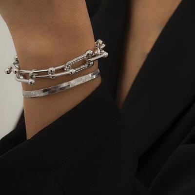 China Hiphop fashion simple hip-hop metal bangle set U-shaped square buckle rhinestone bracelet accessories for women for sale