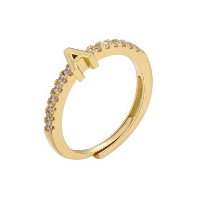 China New Arrival 26 Letters Fancy Zircon Open Ring 18K Gold Plated Brass Adjustable Ring Accessories For Women Jewelry for sale