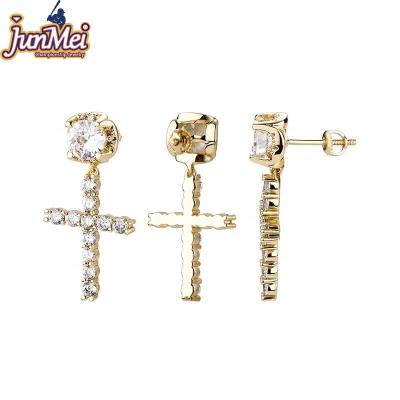 China JUNMEI FASHIONABLE Fork Setting 6 Times 14K Silver Gold Plating Diamond Stud Earring With Cross For Cool Men for sale