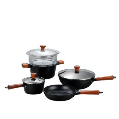 China Sustainable 6 PCS FORGED COOKWARE SET FRYING POT PAN SAUCE PAN WOK PAN WITH NON-STICK COATED WOODEN HANDLE for sale