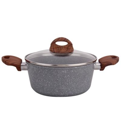 China Marble Soft Touch Handle Non Stick Aluminum Casserole Set Sustainable Forged Wooden Stock Pot With Induction Bottom for sale