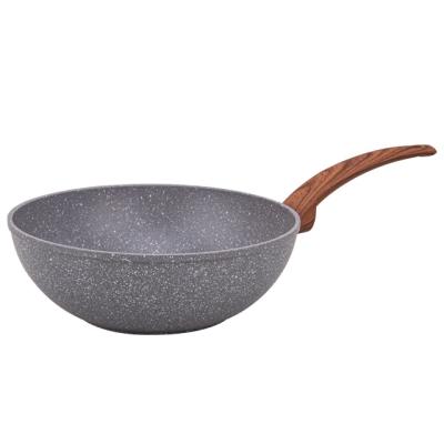 China Durable Forged Aluminum Marble Stick Wok Pans Non Set Soft Touch Wood Handle for sale