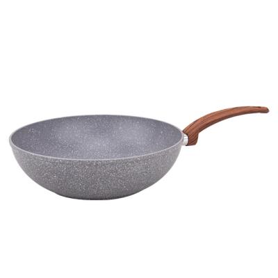 China Durable Forged Aluminum Marble Stick Wok Pans Non Set Soft Touch Wood Handle Saute Pan With Induction Bottom for sale