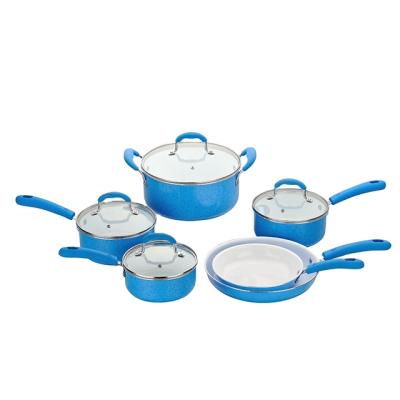 China Durable Enamel Marble Effect Pressed Aluminum Non Stick Ceramic Cookware Sets for sale