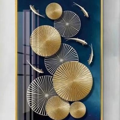 China Popular Modern Abstract USA Wall Art Fish Animals Painting Home Wall Decoration Crystal Porcelain Painting With Golden Frame for sale