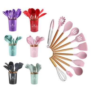 China Sustainable 12 Pieces In 1 Set Healthy Silicone Cooking Utensils Cooking Tools Kitchenware Spatulas With Wooden Handles for sale